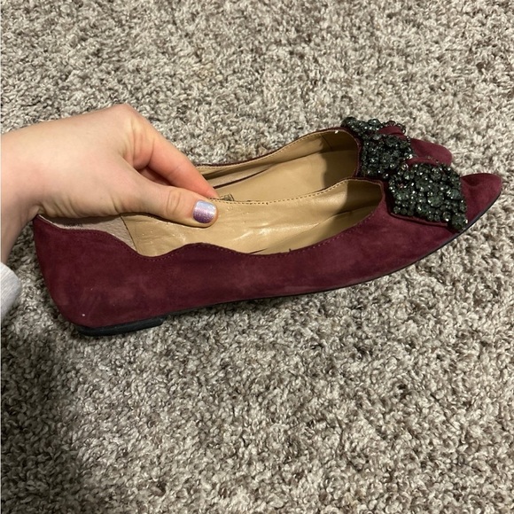 Audrey Brooke Elegant Burgundy suede Flats with Embellished Buckle - Picture 3 of 4